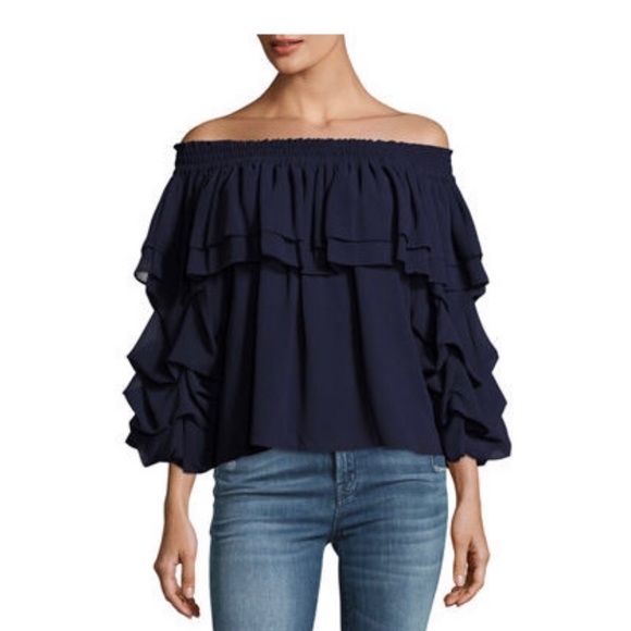 Misa Los Angeles Tops - Misa Los Angeles Navy Blue Off Shoulder